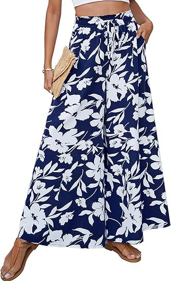 Floral High Waist Wide Leg Palazzo Pants - navy