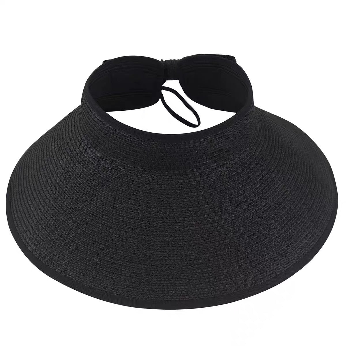 Packable Straw Sun Visor With Bow Detail - Black - 1