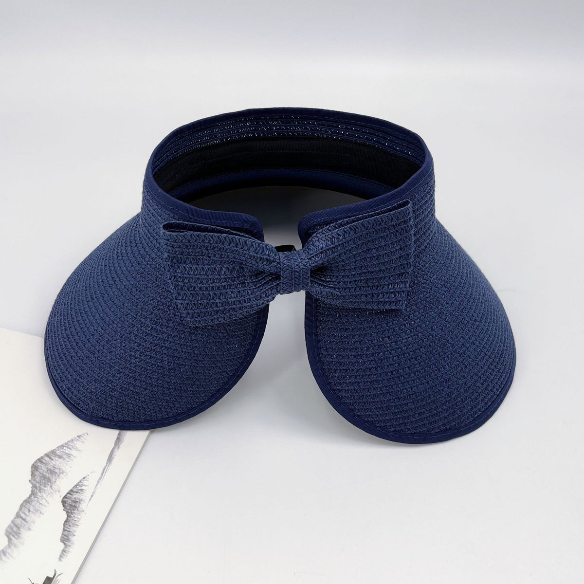 Packable Straw Sun Visor With Bow Detail - Navyblue - 3