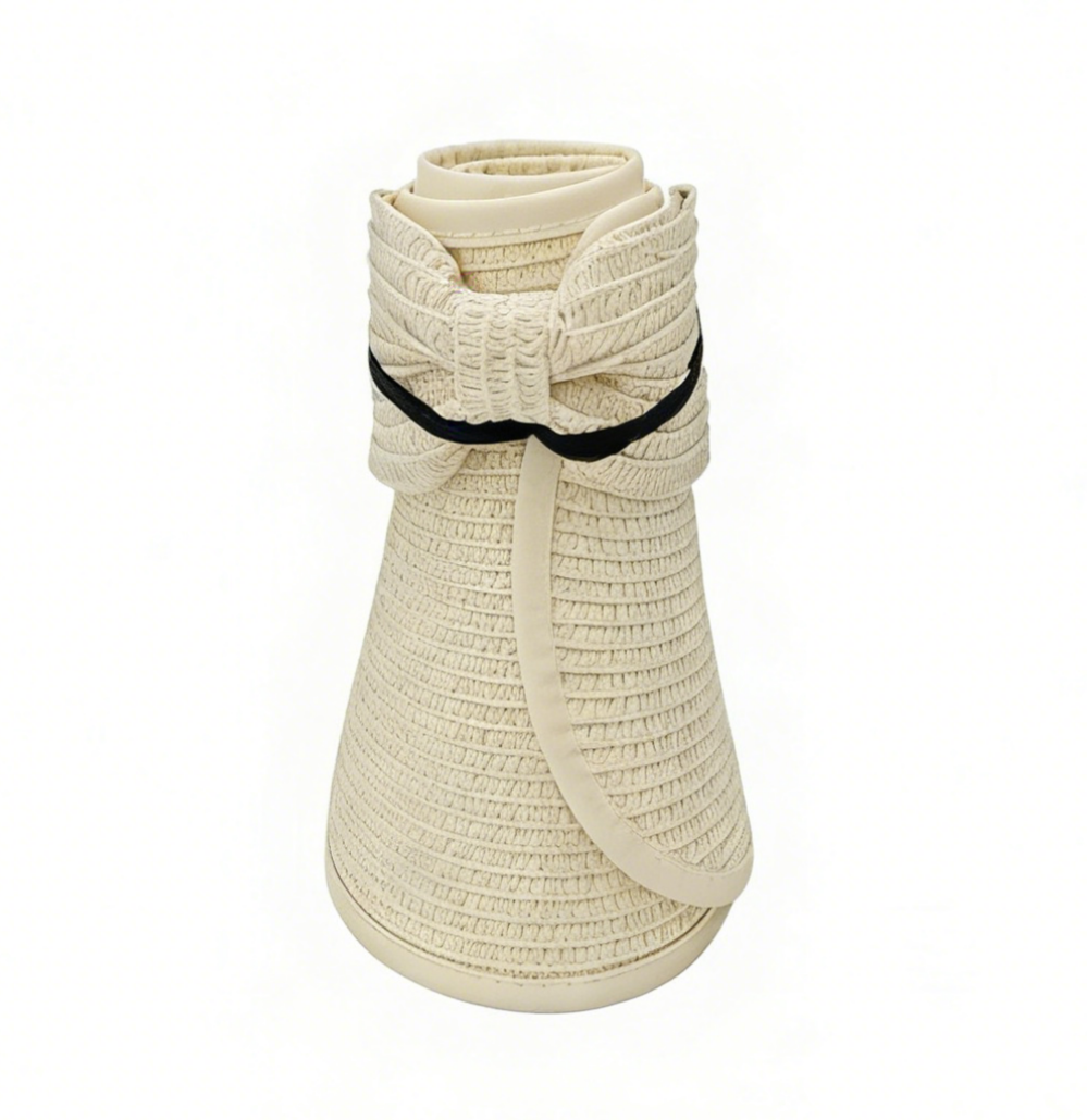Packable Straw Sun Visor With Bow Detail - WBeige - 2