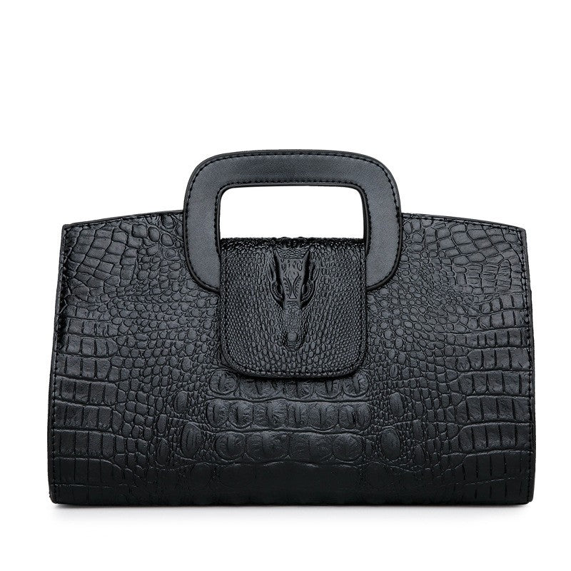 Croc Embossed Cut Out Handle Top Handle Clutch - Black