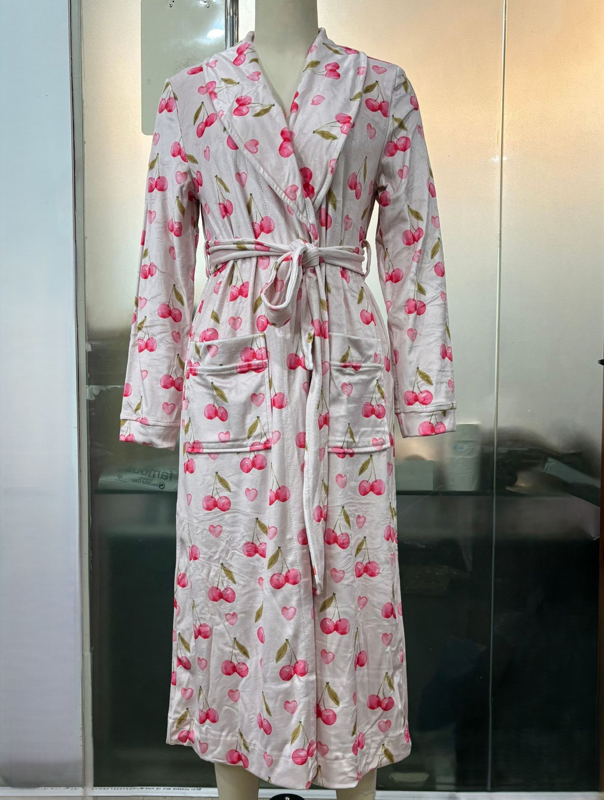 Fruit Print Long Wrap Robe - Pink