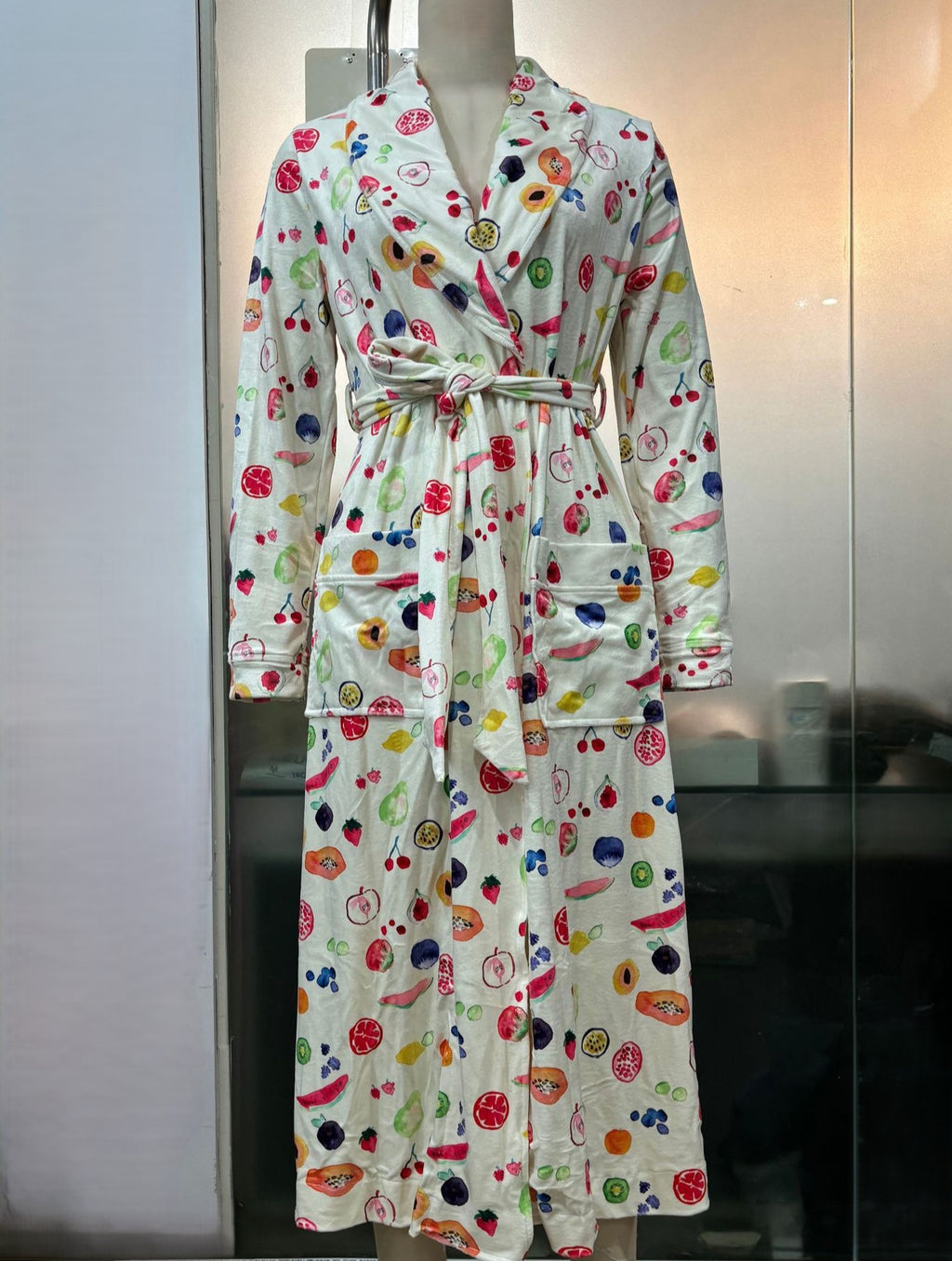 Fruit Print Long Wrap Robe - Red