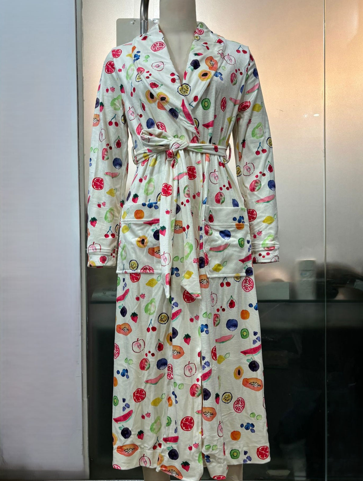 Fruit Print Long Wrap Robe - Red
