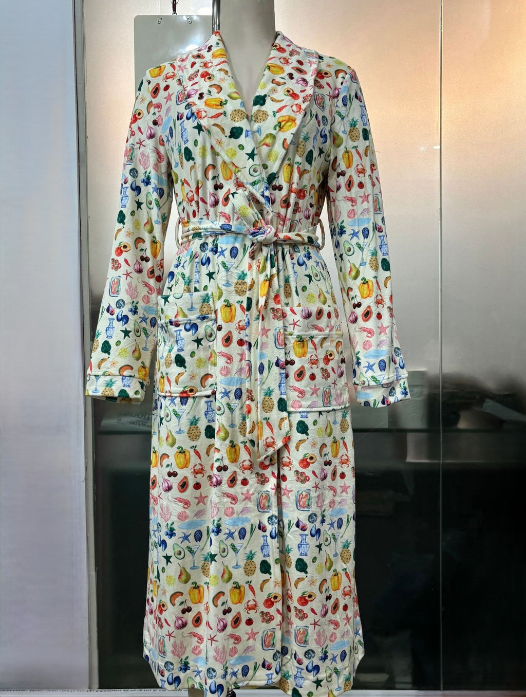Fruit Print Long Wrap Robe - Yellow