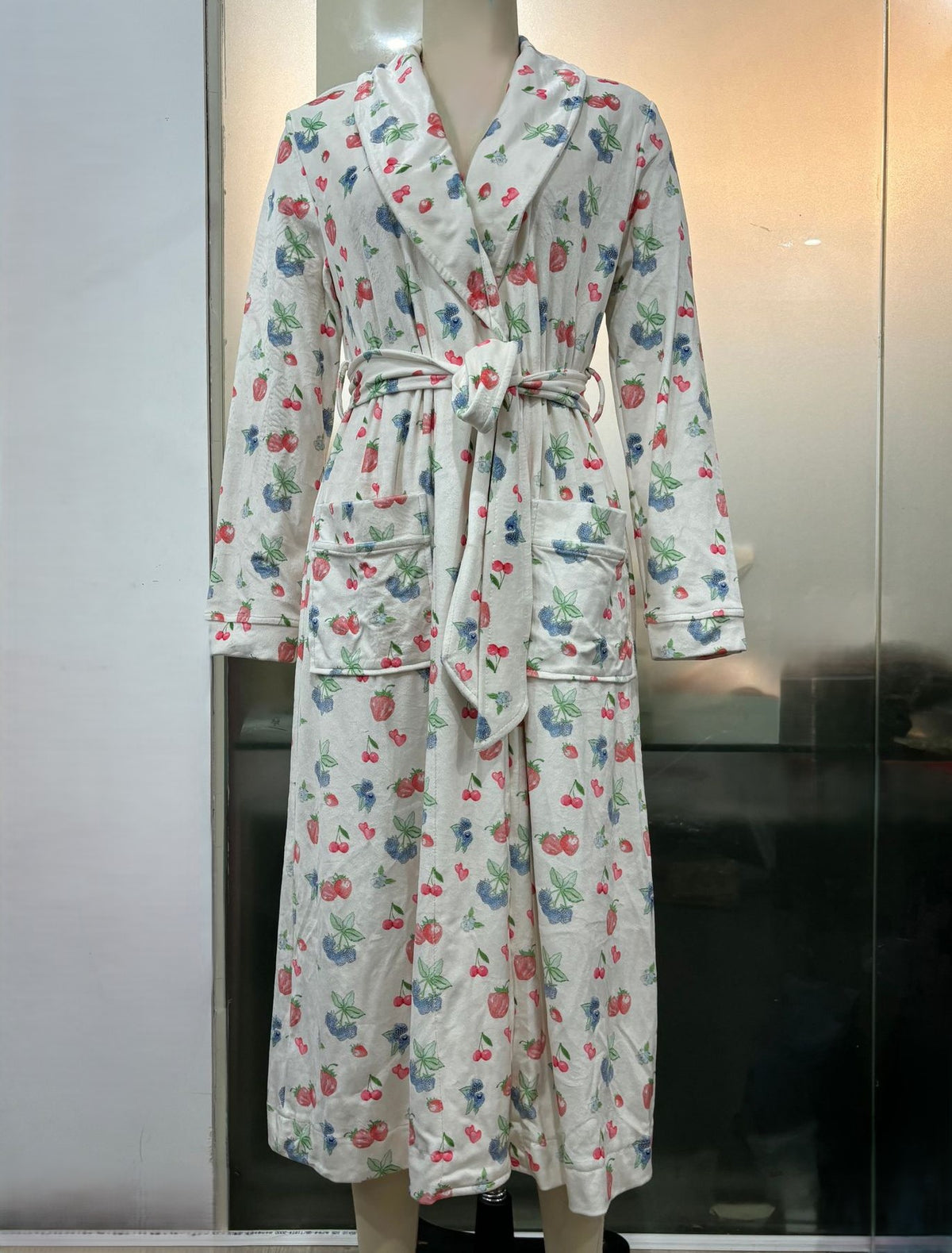 Fruit Print Long Wrap Robe - white
