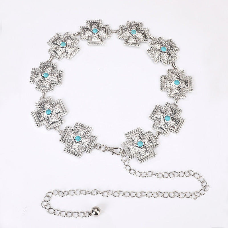 Ornate Cross Concho Waist Chain - Silvery