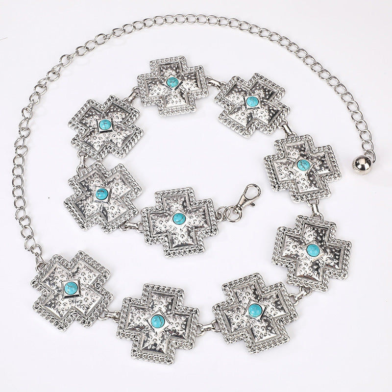Ornate Cross Concho Waist Chain - Silvery - 2