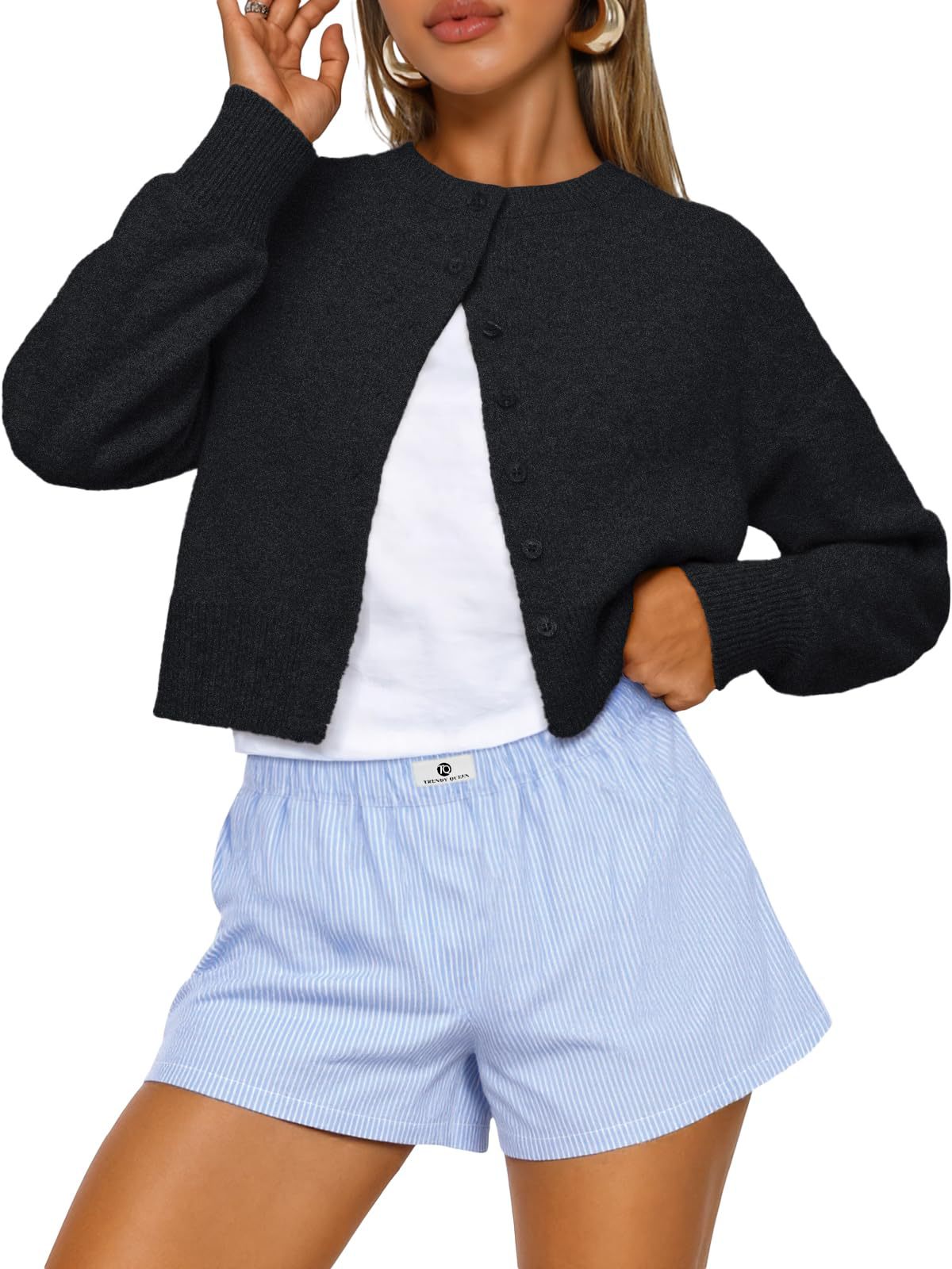Cropped Button Front Knit Cardigan - Black