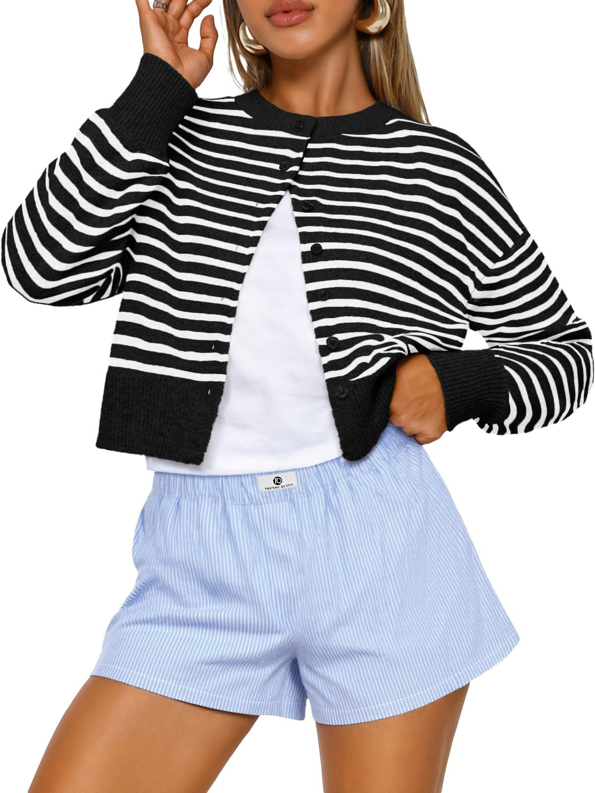 Cropped Button Front Knit Cardigan - Black01