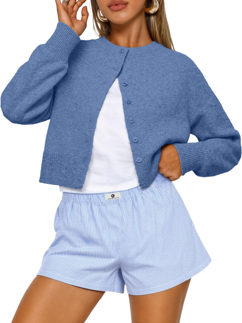 Cropped Button Front Knit Cardigan - Blue