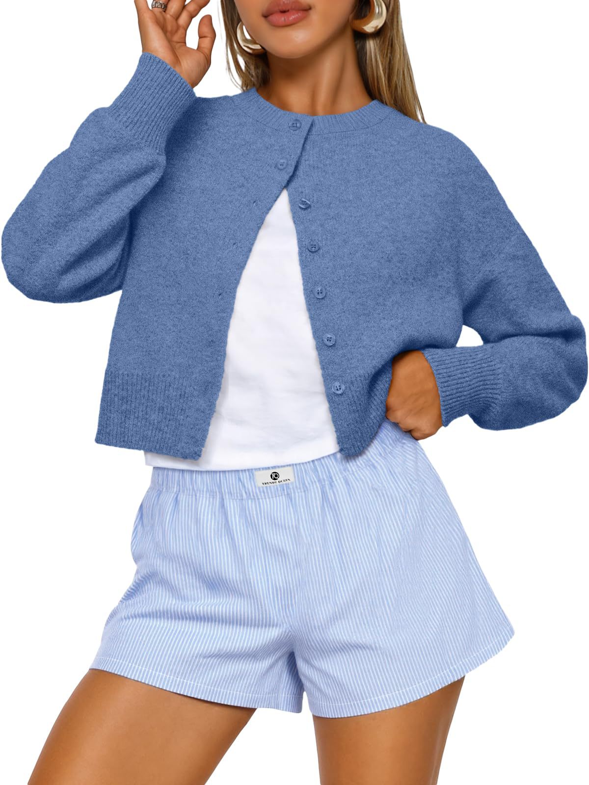 Cropped Button Front Knit Cardigan - Blue