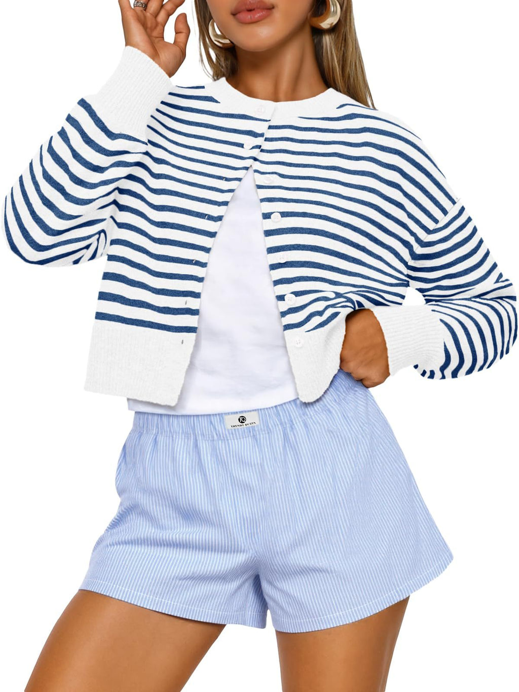 Cropped Button Front Knit Cardigan - Blue01