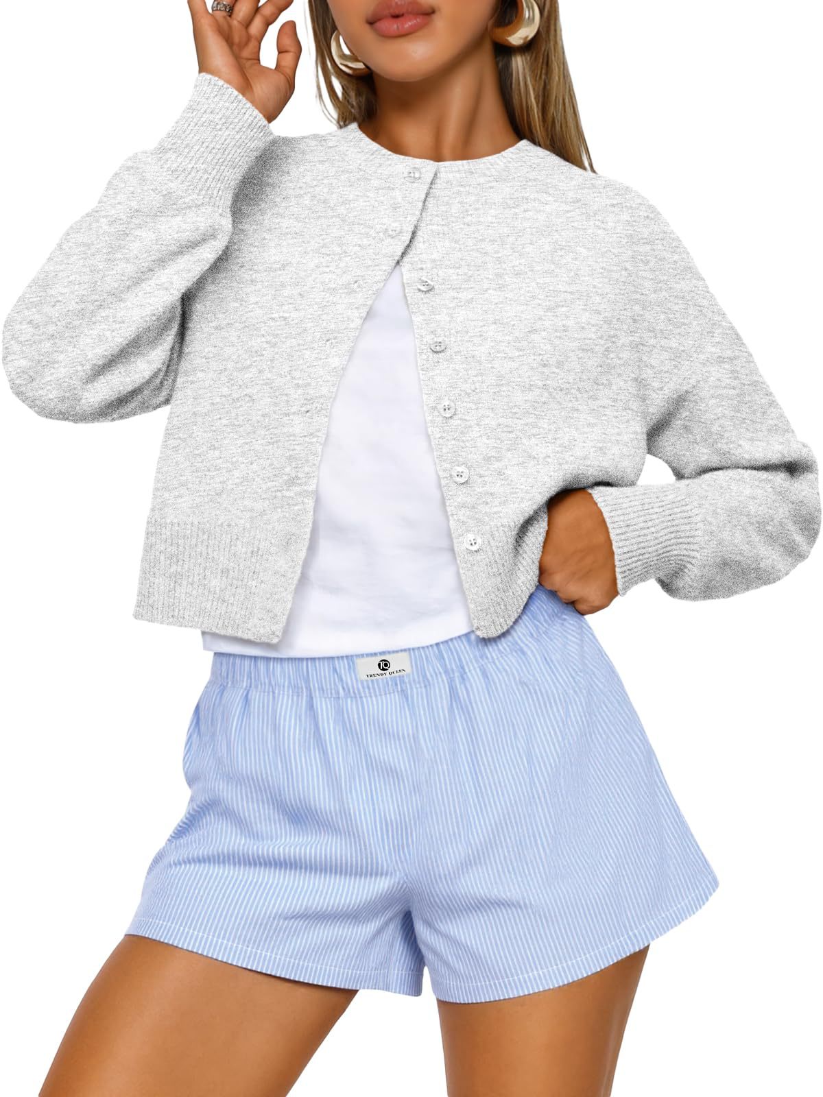 Cropped Button Front Knit Cardigan - Gray