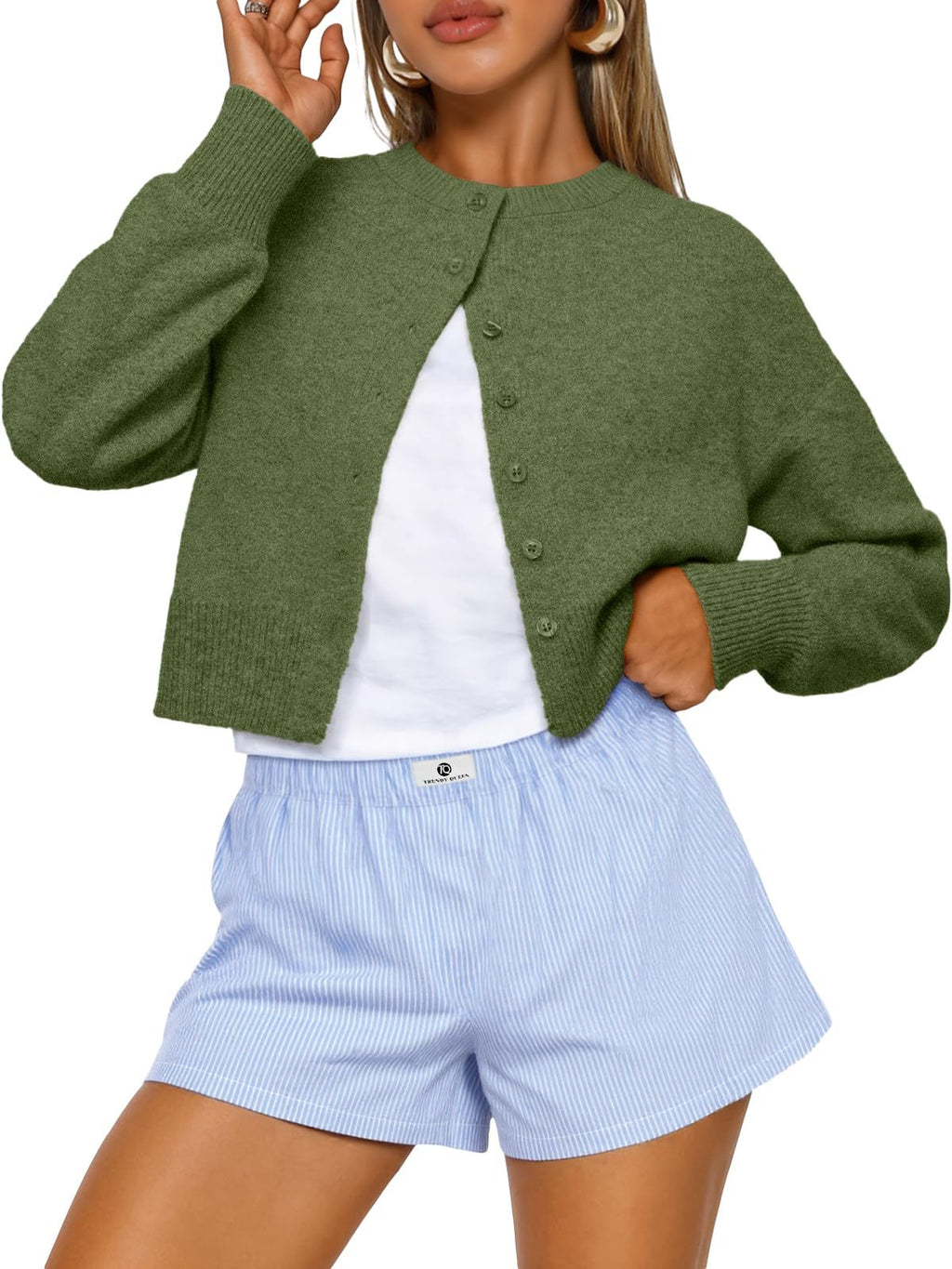 Cropped Button Front Knit Cardigan - Green