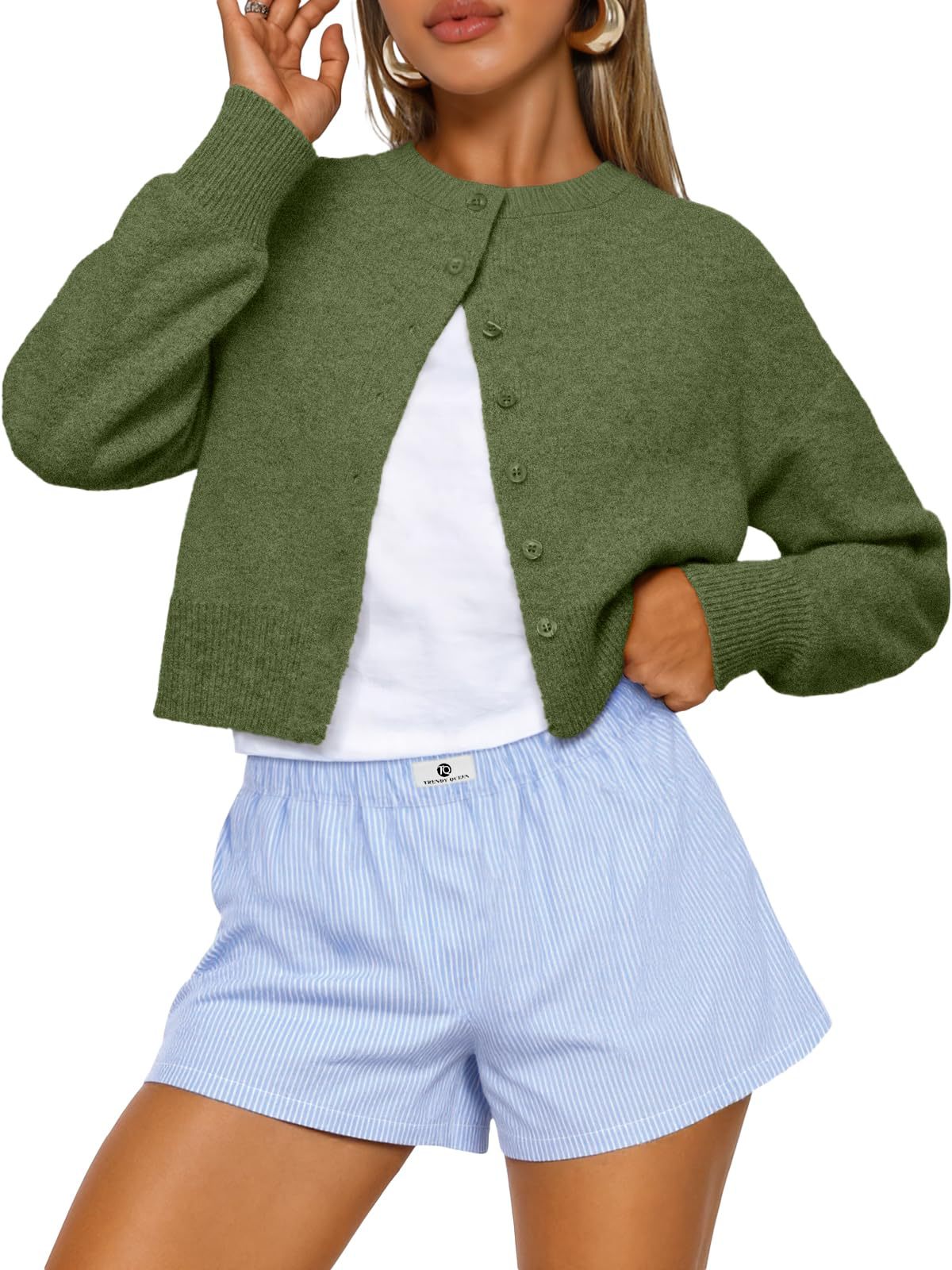 Cropped Button Front Knit Cardigan - Green