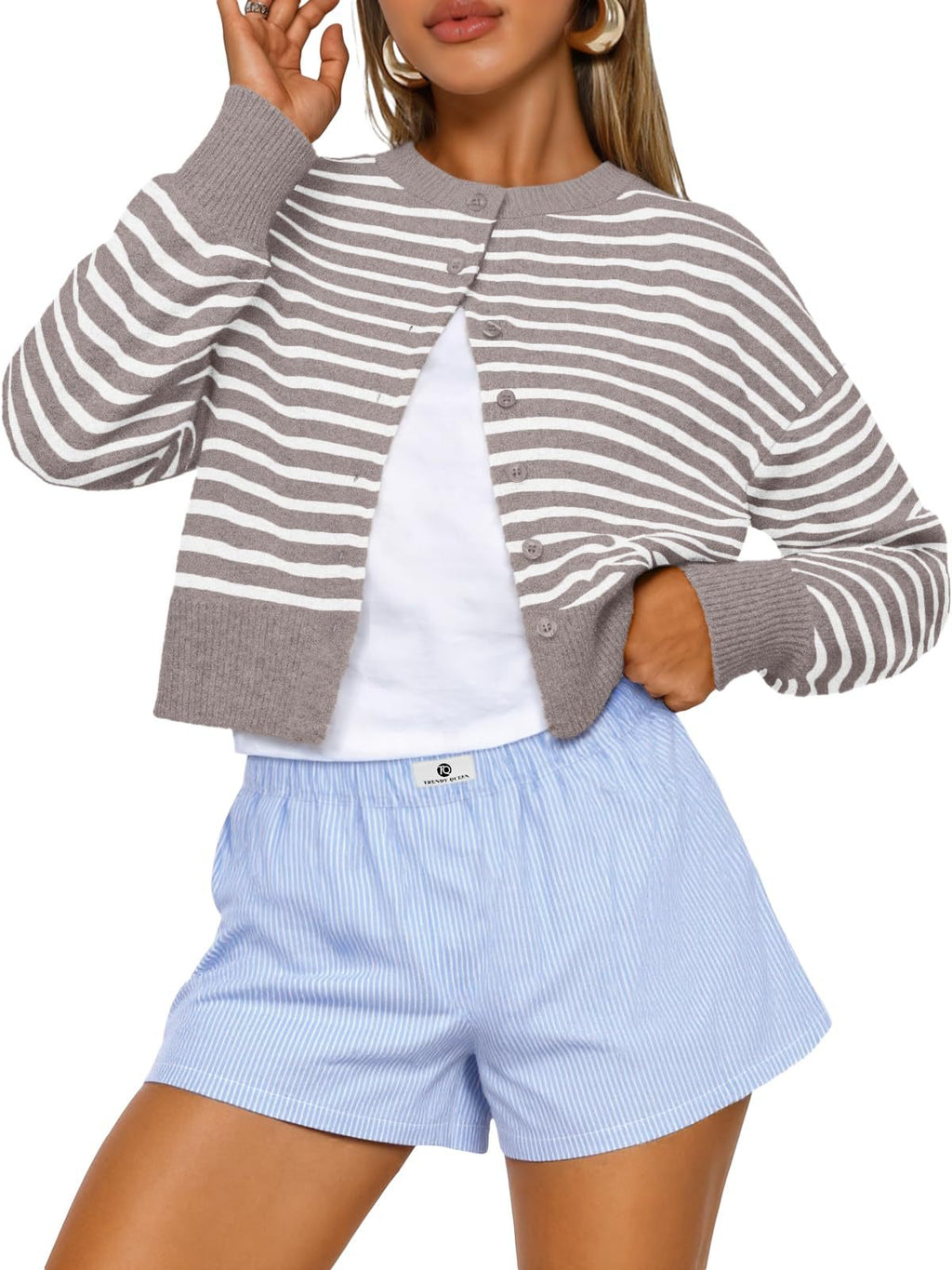 Cropped Button Front Knit Cardigan - Khaki01
