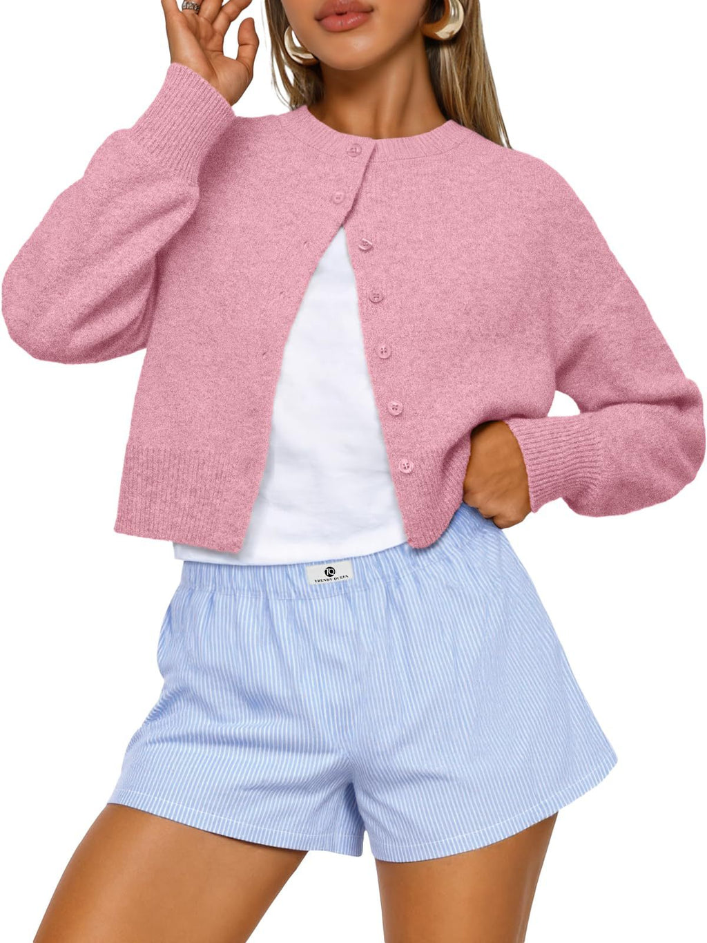 Cropped Button Front Knit Cardigan - Pink