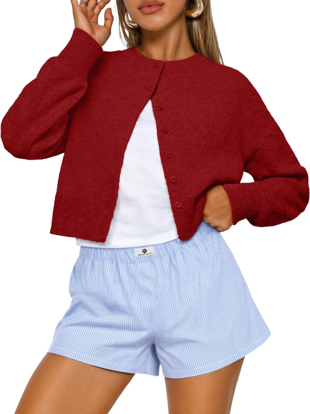 Cropped Button Front Knit Cardigan - Red