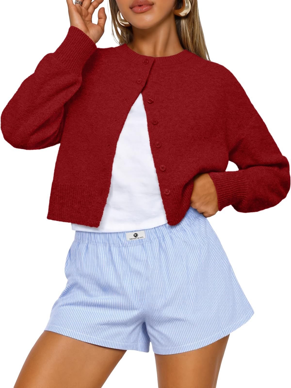 Cropped Button Front Knit Cardigan - Red