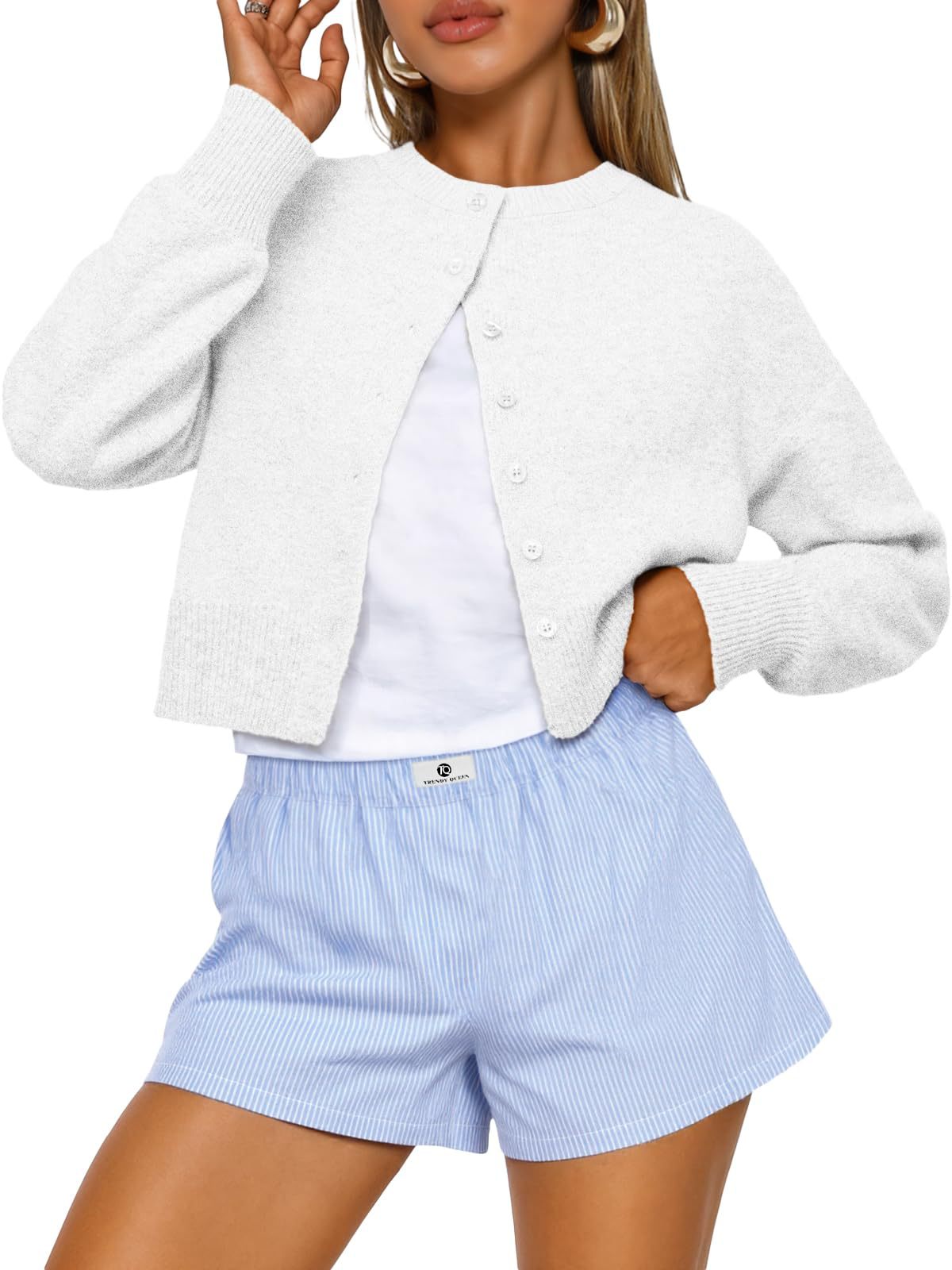 Cropped Button Front Knit Cardigan - White