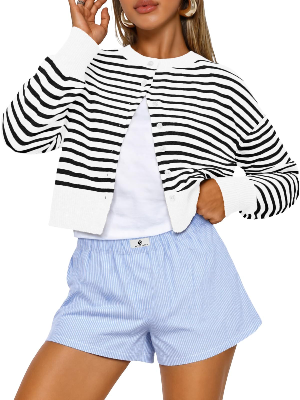Cropped Button Front Knit Cardigan - White01