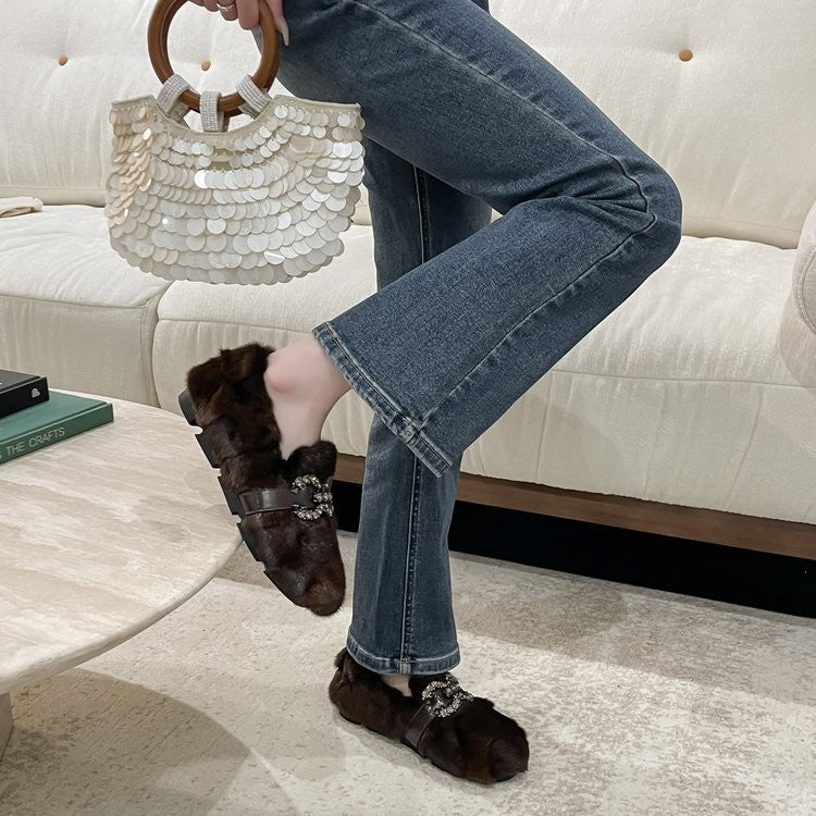 Fuzzy Rhinestone Buckle Slip On Loafers