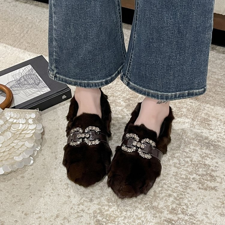 Fuzzy Rhinestone Buckle Slip On Loafers