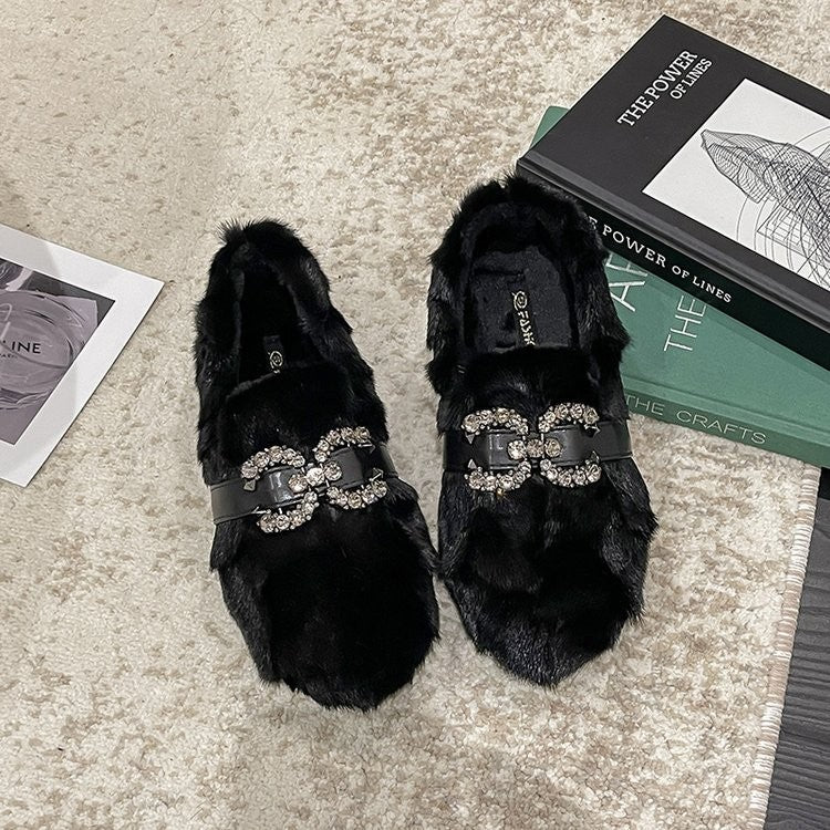 Fuzzy Rhinestone Buckle Slip On Loafers