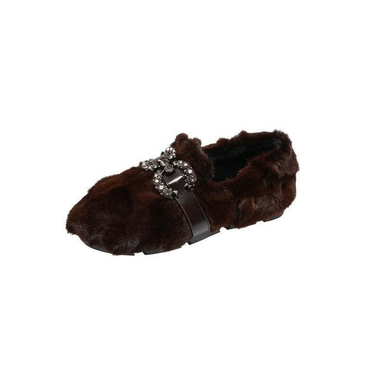 Fuzzy Rhinestone Buckle Slip On Loafers
