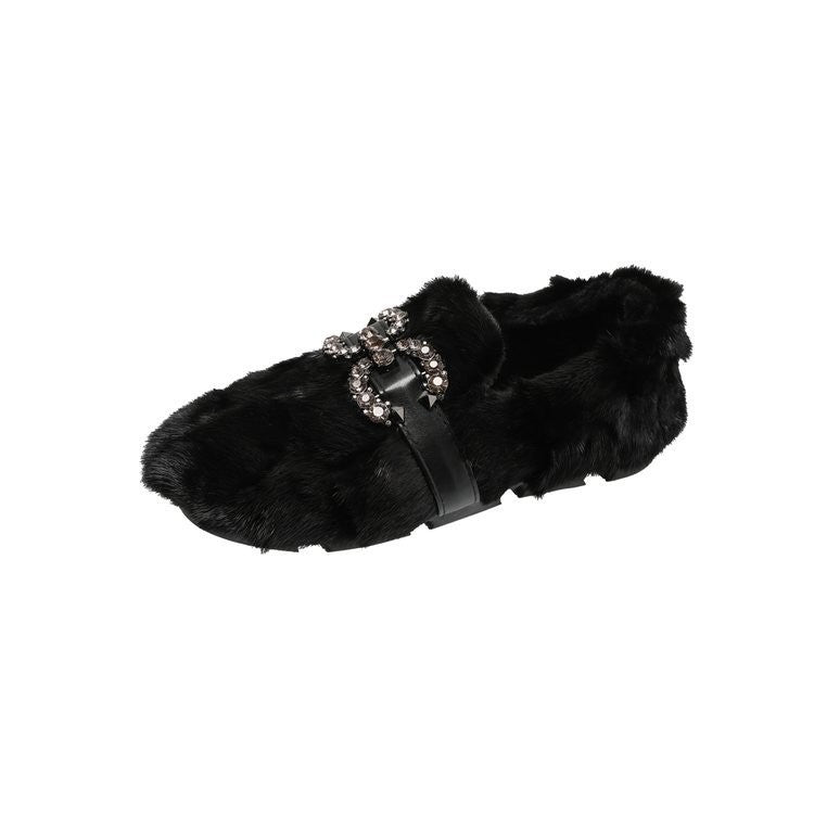 Fuzzy Rhinestone Buckle Slip On Loafers