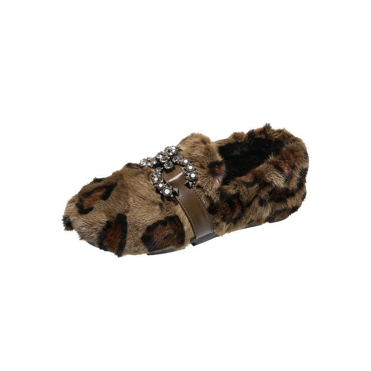 Fuzzy Rhinestone Buckle Slip On Loafers