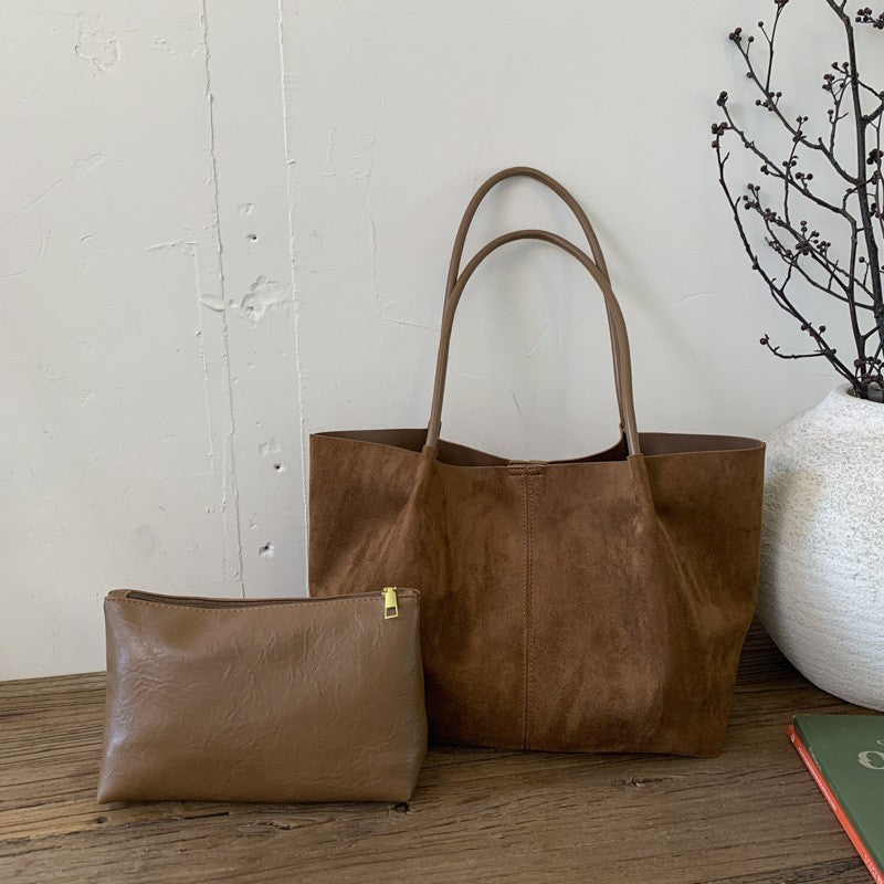 Faux Suede Slouchy Tote Bag With Pouch - Brown