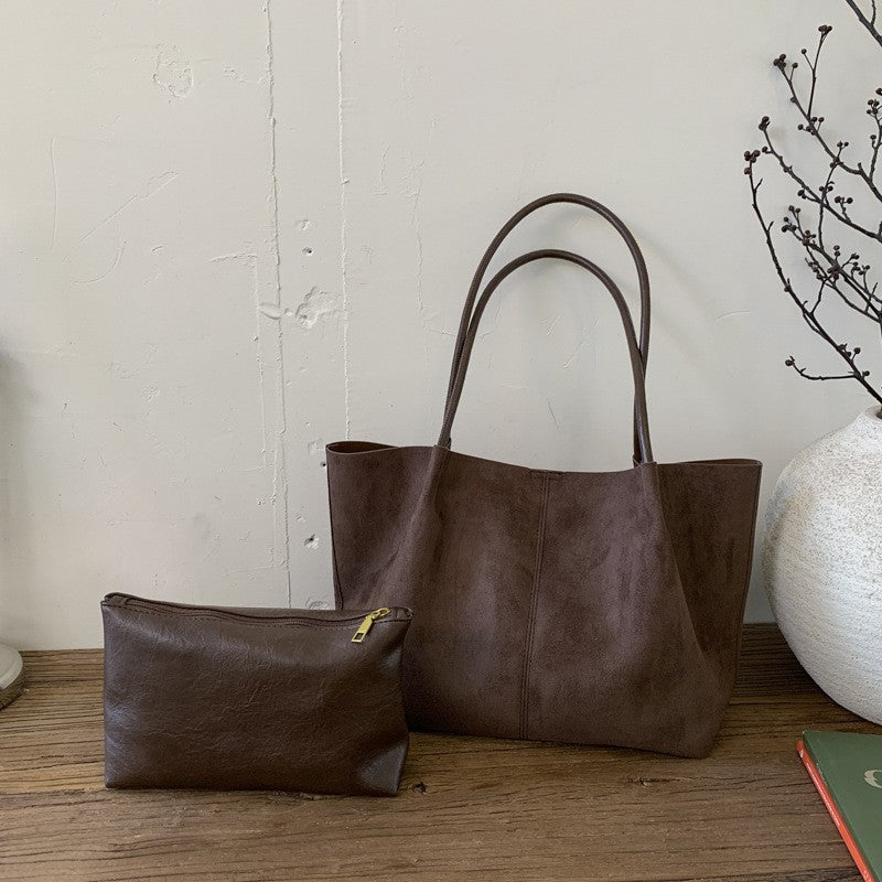 Faux Suede Slouchy Tote Bag With Pouch - Coffee