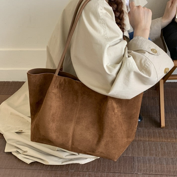 Faux Suede Slouchy Tote Bag With Pouch