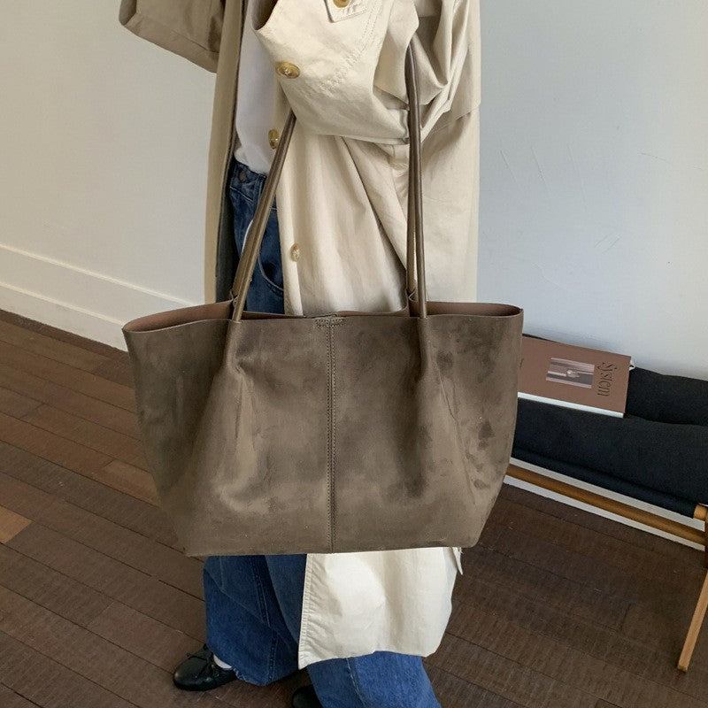 Faux Suede Slouchy Tote Bag With Pouch