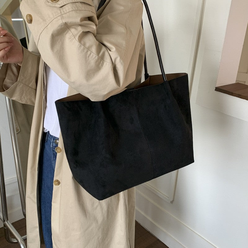 Faux Suede Slouchy Tote Bag With Pouch