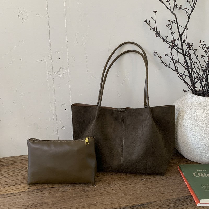 Faux Suede Slouchy Tote Bag With Pouch