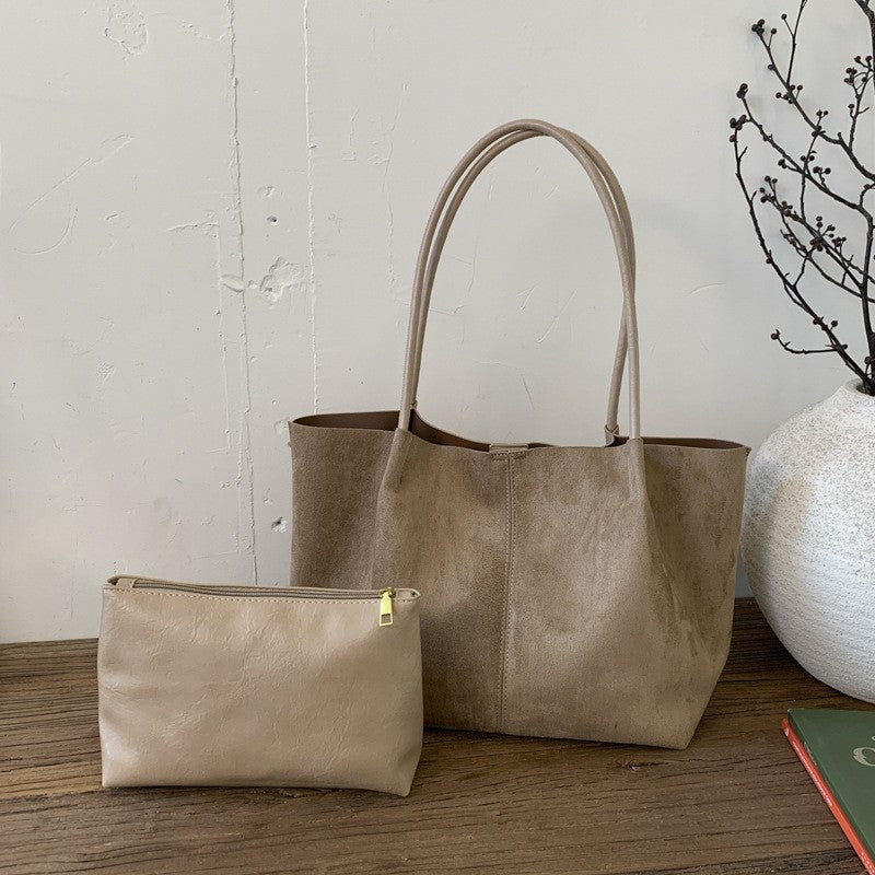 Faux Suede Slouchy Tote Bag With Pouch