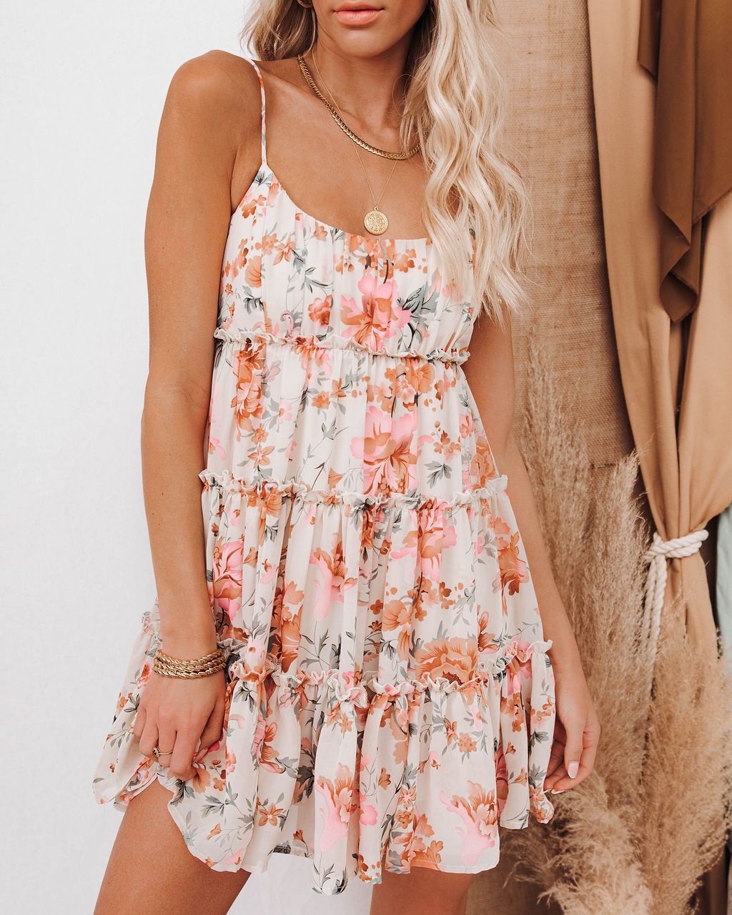 Floral Tiered Ruffle Babydoll Mini Dress - Orange - 1