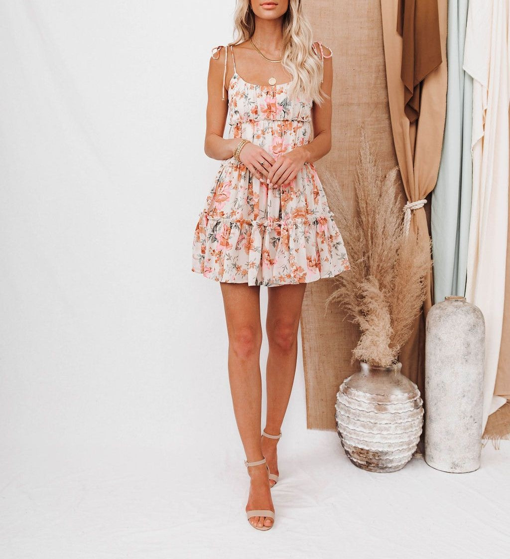 Floral Tiered Ruffle Babydoll Mini Dress - Orange - 4
