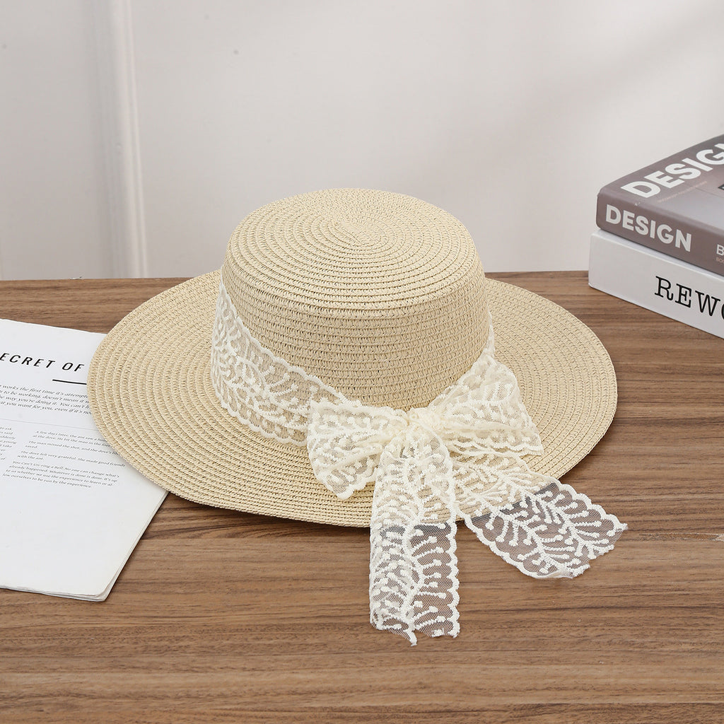 Wide Brim Boater Hat With Lace Sash - Beige