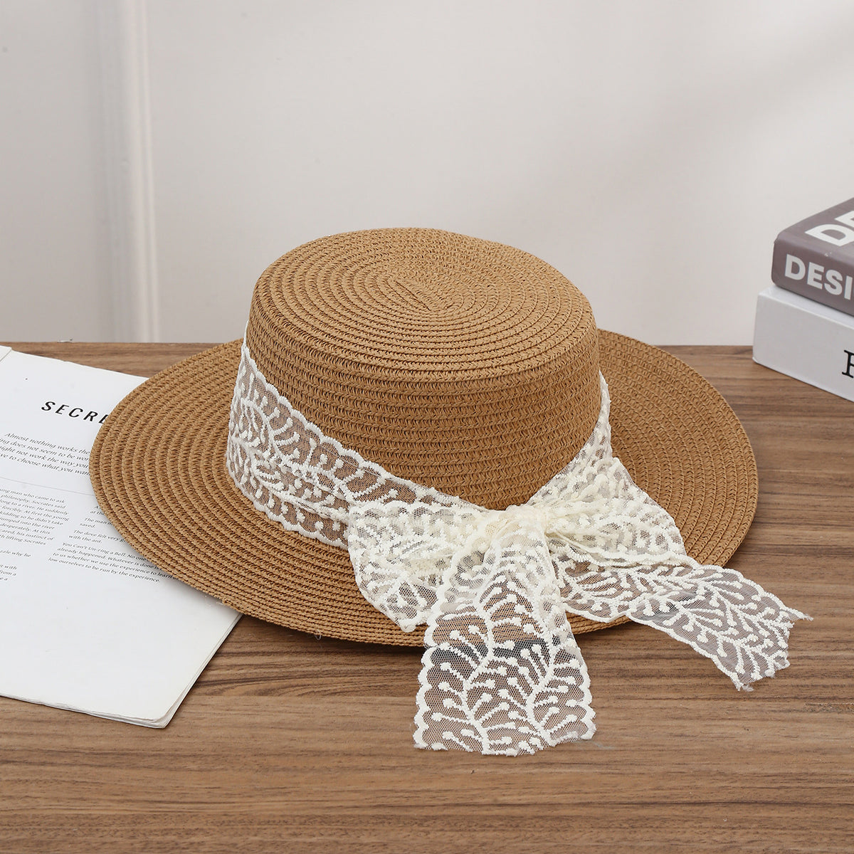 Wide Brim Boater Hat With Lace Sash - Khaki