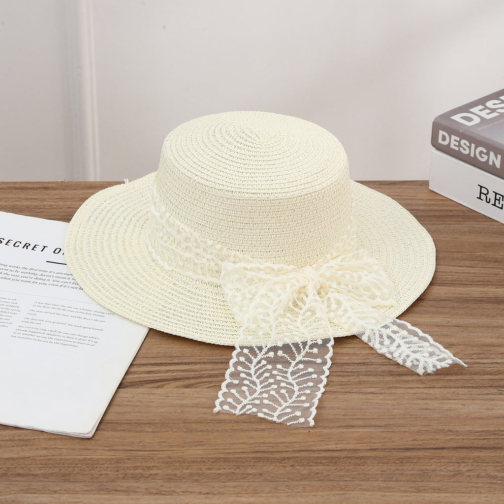 Wide Brim Boater Hat With Lace Sash - White