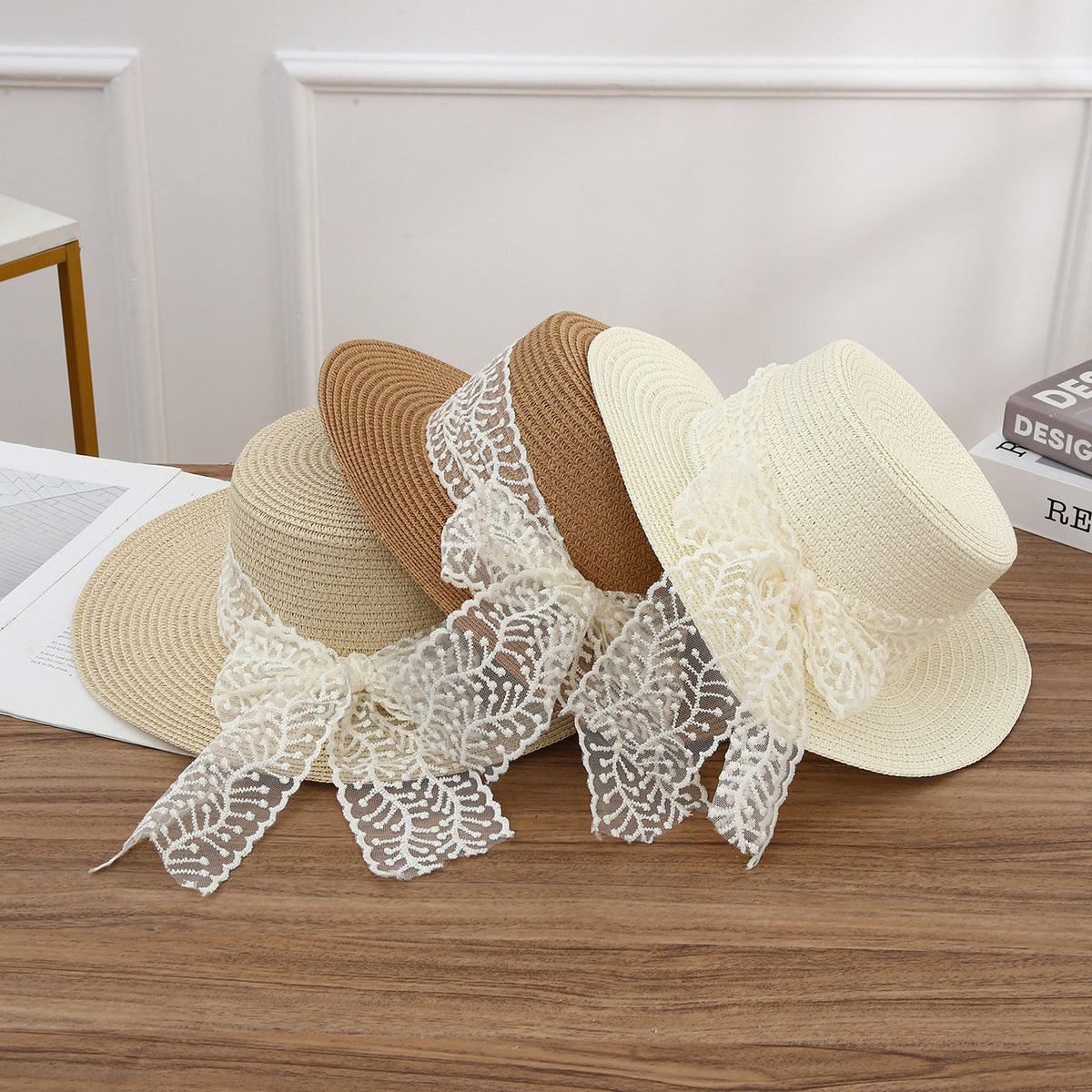 Wide Brim Boater Hat With Lace Sash