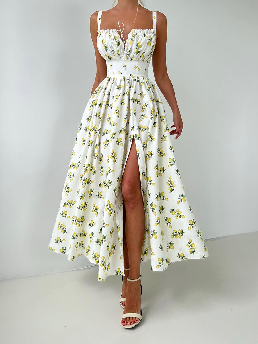 Lemon Print Corset Bodice Maxi Dress - Beige