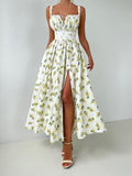 Lemon Print Corset Bodice Maxi Dress - Beige