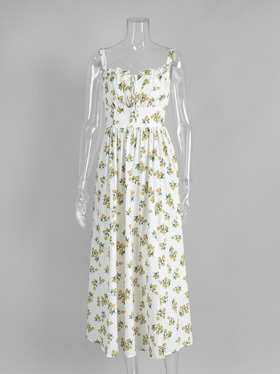 Lemon Print Corset Bodice Maxi Dress - Beige - 1