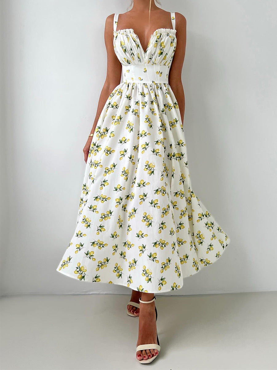 Lemon Print Corset Bodice Maxi Dress - Beige - 10