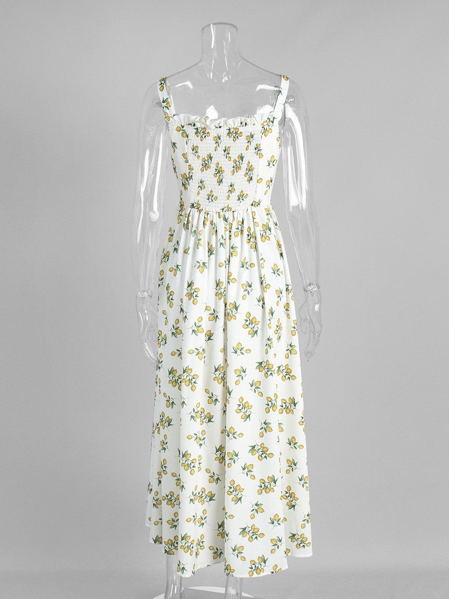 Lemon Print Corset Bodice Maxi Dress - Beige - 2